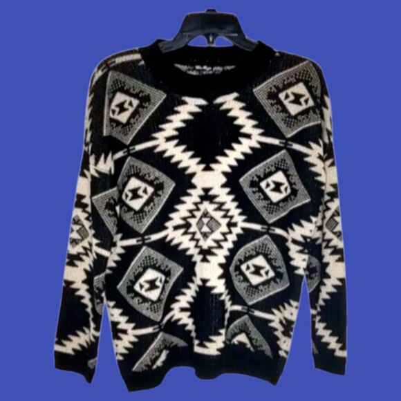 Retro Geometric Soft Tan & Black Sz MED Vintage Pullover Light Sweater The Rage - Picture 6 of 11